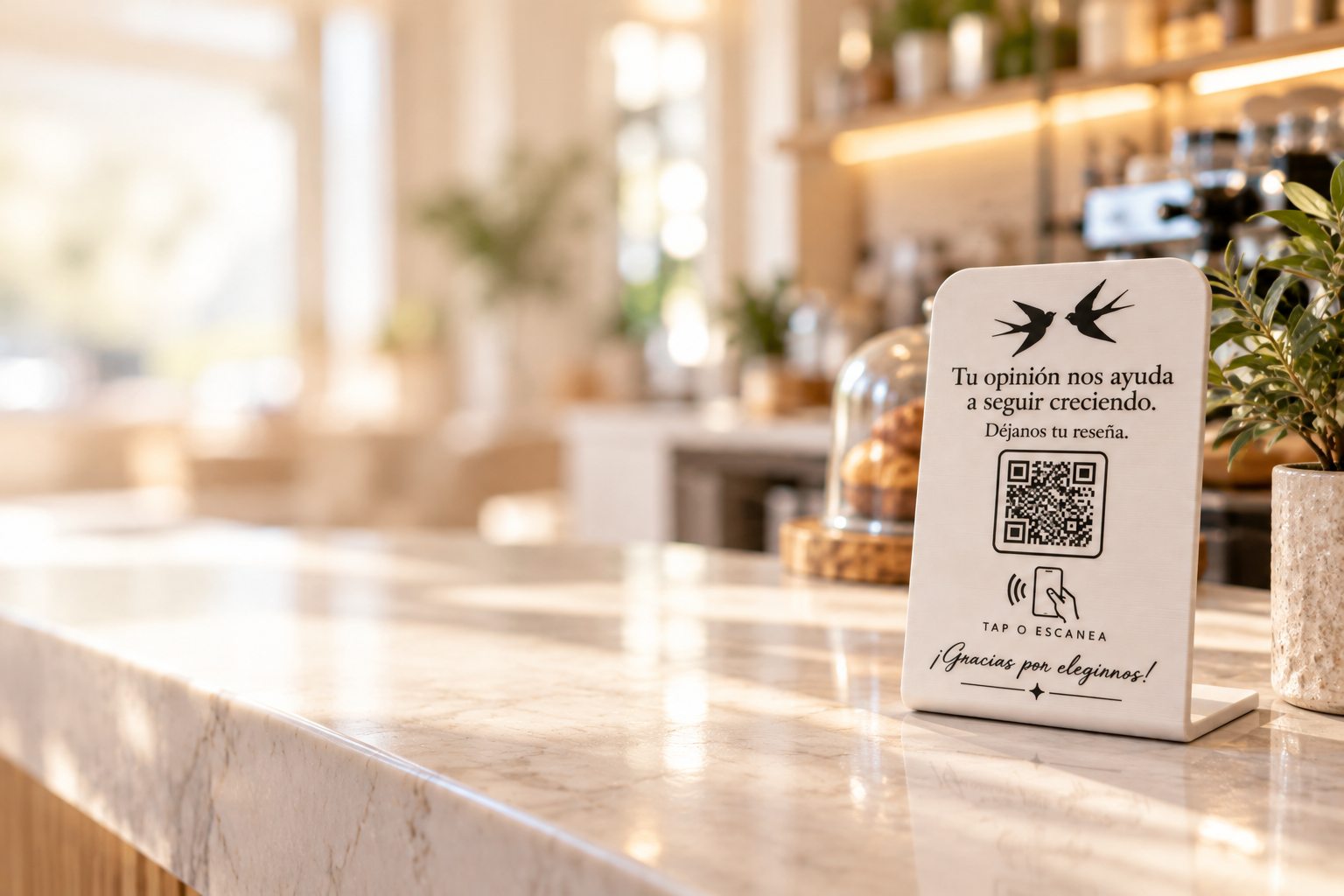 Placa NFC de reseñas blanca impresa en 3D sobre el mostrador de mármol de una cafetería