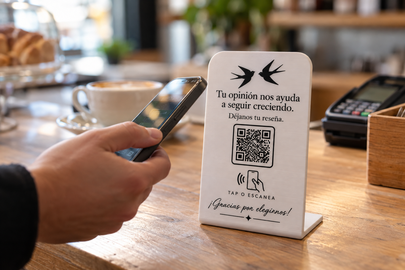 Cliente acercando su móvil a una placa NFC de reseñas blanca impresa en 3D en el mostrador de una cafetería