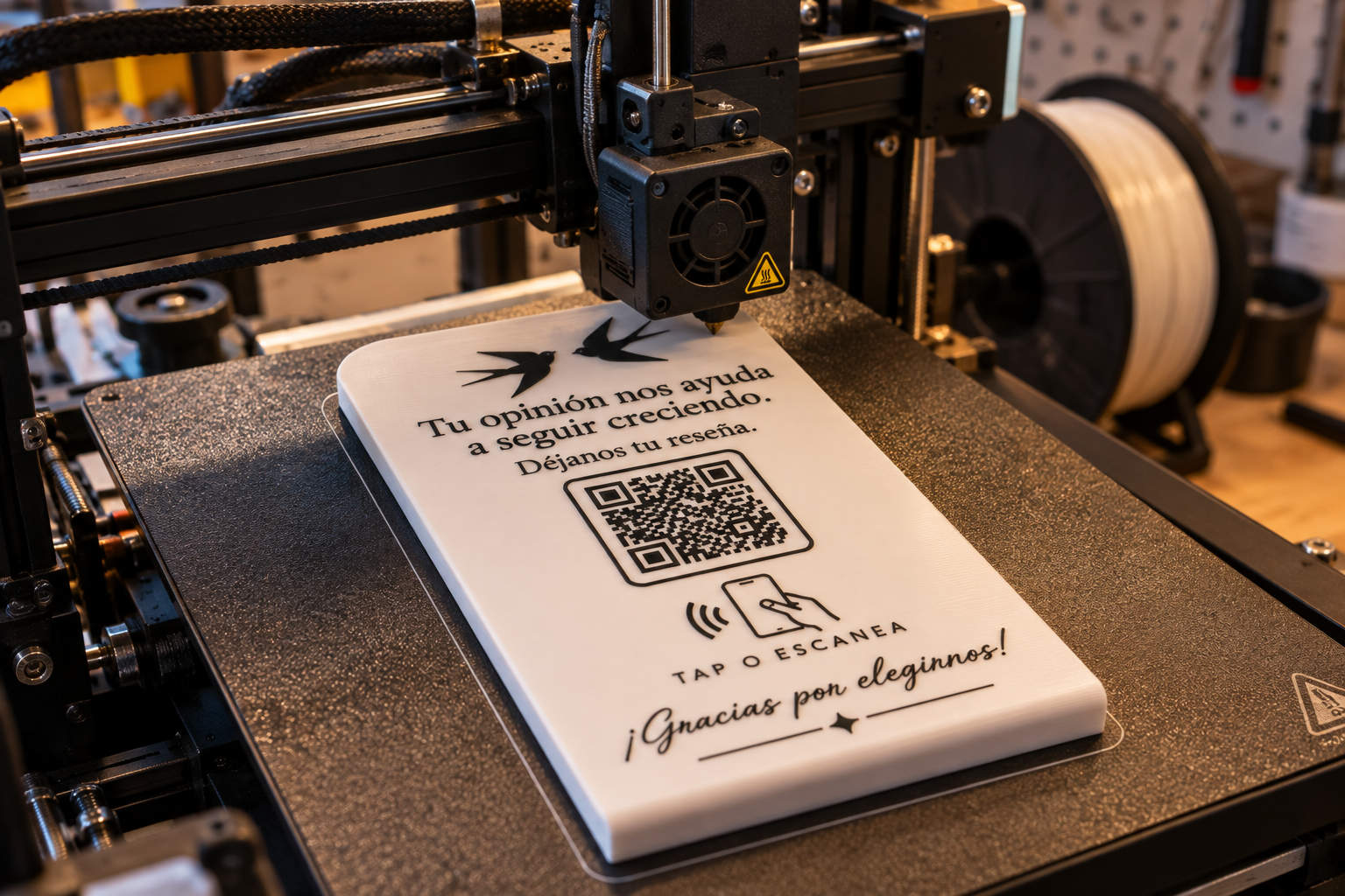 Impresora 3D terminando de imprimir una placa NFC de reseñas blanca con texto negro