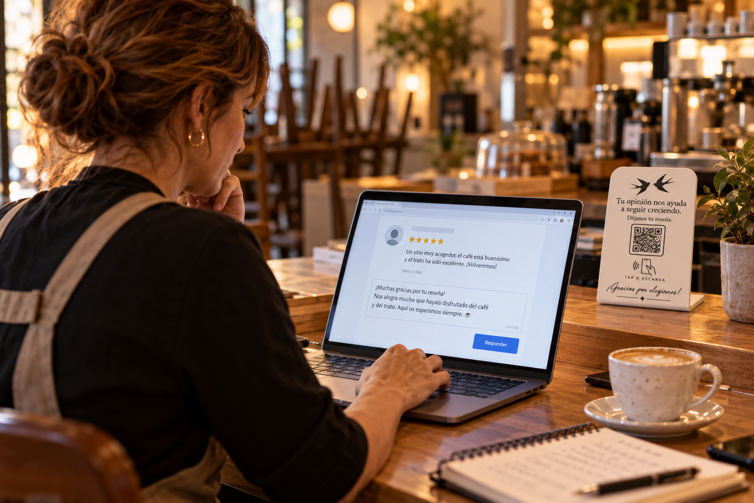 Dueña de una cafetería respondiendo a la reseña de un cliente desde su portátil